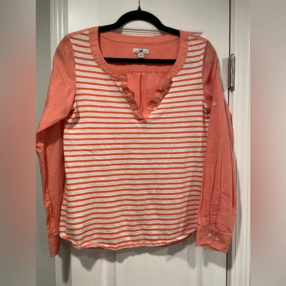 L.L. Bean Coral White Stripe Roll Tab Sleeve Split Neck Pullover Top Size XS - Picture 1 of 9